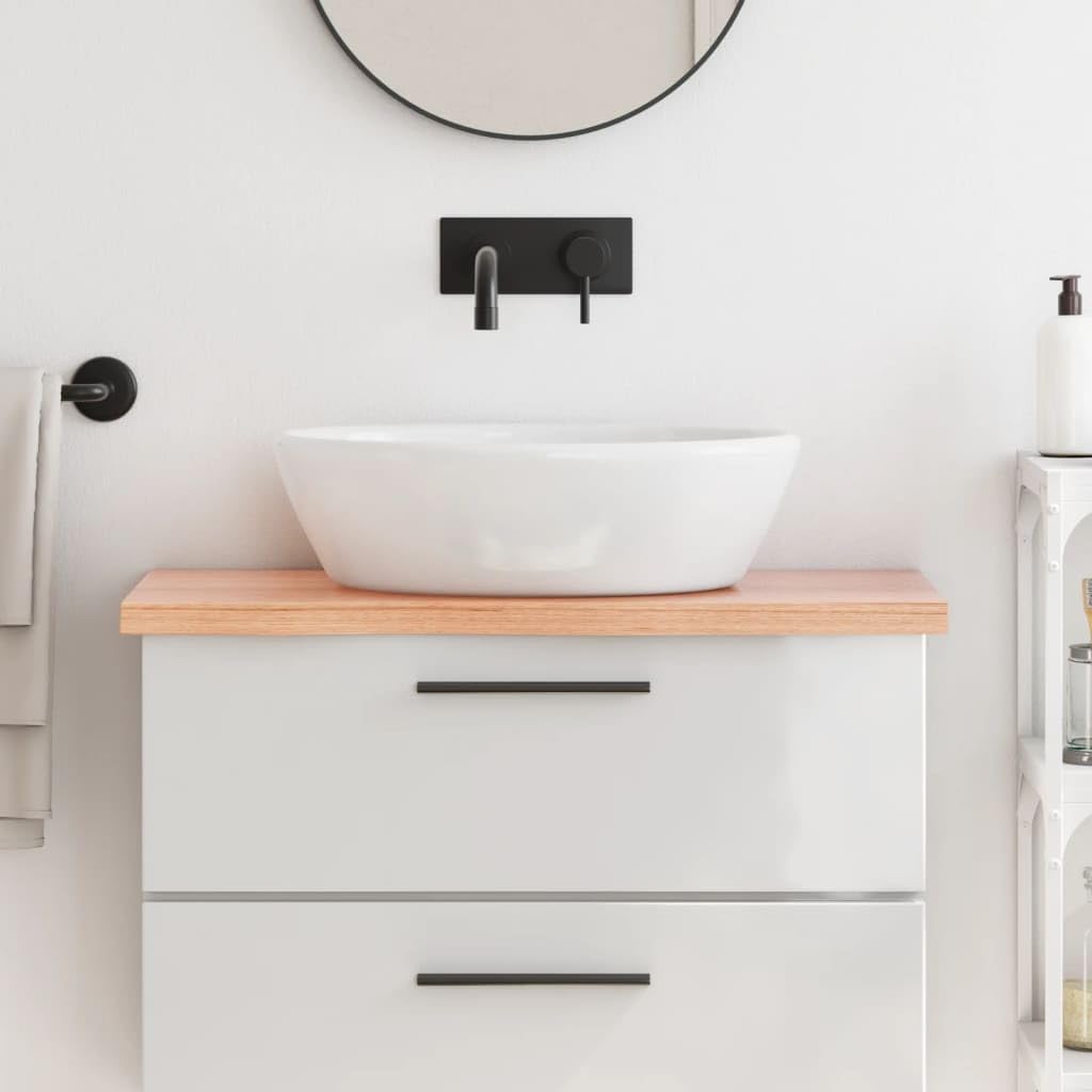 Piano lavabo marrone chiaro in legno di rovere massiccio, 80 x 40 x (2-4) cm, con bordo naturale, laccato, versatile come piano di lavoro, piano da tavolo, ripiano per ufficio, cucina