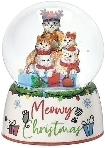 Roman 5.5-Inch Meowy Christmas Musical Glitterdome – 100mm Cat-Themed Snow Globe, Wind-Up Holiday Decoration, for Cat Lovers