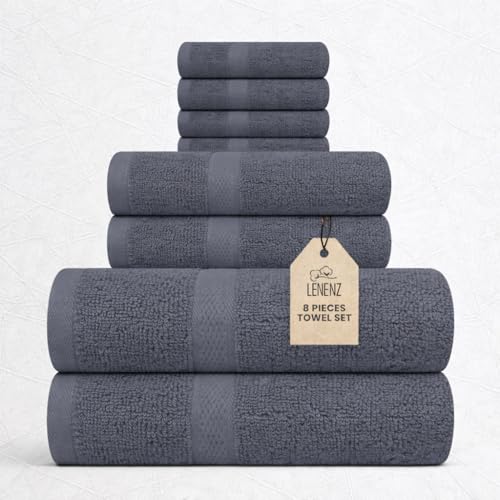 Luxury 8 Piece Set, 2 Bath Towels 2 Hand Towels 4 Washcloths, 100% Cotton Towels for Bathroom, Home, Spa, Hotel & Gym – Ultra Soft, Highly Absorbent, Quick Dry (Dark Grey)