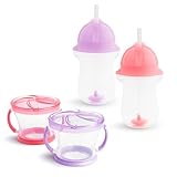 Munchkin Happy Snacker Toddler Cups and Snack Containers - 10oz Any Angle Weighted Straw Cup and 9oz Snack Catchers, Pink/Purple