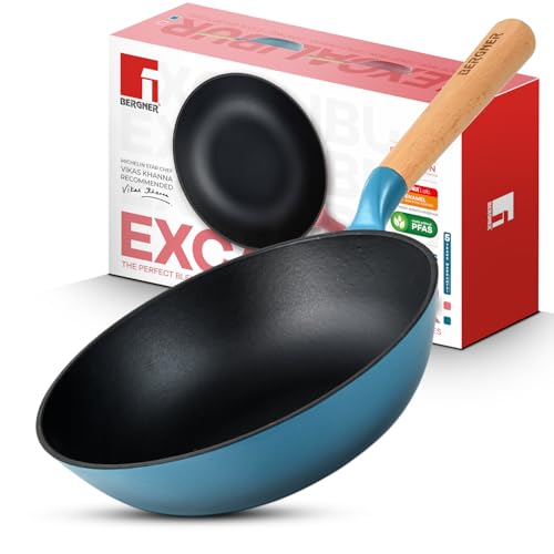 Image of BERGNER Excalibur Lightweight Cast Iron Wok 24cm (2L), Sturdy Wooden Handle, Non-Stick Coating, PFAS Free, Perfect Heat Distribution, Elegant Design - Induction and Gas Stove Ready (Blue)