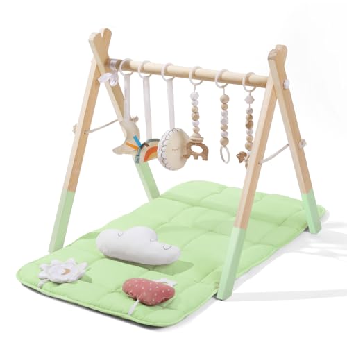 Image of Foldable Baby Play Gym with Mat, Wooden Play Gym with 9 Sensory Toys, Frame Activity Center, Natural Pine Wood, Montessori Toys, Easy to Assemble & Clean, Green Color