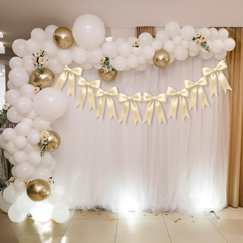 Image of 1 String of 8PCS Champange Bow Garland Banner Decoration,Pre-Strung Satin Ribbon Ornaments for Birthday,Bachelorette Party,Bridal Shower,Wedding,Engagement,Baby Shower,Graduation Decor,Anniversary