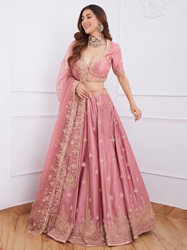 Image of RUKHA FAB Women's Bridal Silk Lehenga Choli Set with Intricate Embroidery and Dupatta for Wedding Reception Festive Celebration
