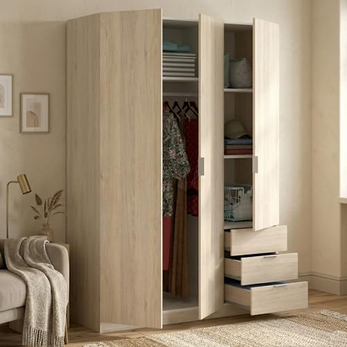 GUARDAROBA CIMONE - Mobile appendiabiti per camera da letto, Armadio a 3 ante battenti e 3 cassetti, 121x52h184 cm, Rovere