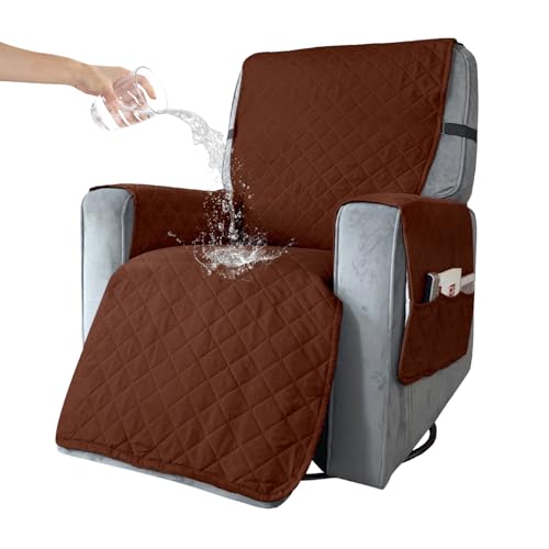 Recliner Chair Cover With Side Pockets, Waterproof Recliner Chair Slipcover With 2 Elastic Straps, Non-Slip Armchair Recliner Protector For Families With Pets/Kids, Washable Recliner Sofa Cover
