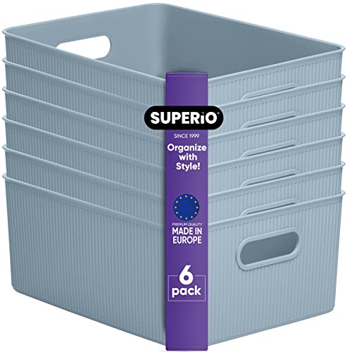 Image of Superio Ribbed Collection - Decorative Plastic Basket Open Home Storage Bins Organizer, Large Blue (6 Pack) Container Boxes for Organizing Closet Storage Bins for Shelves 15 Liter /16 Quart