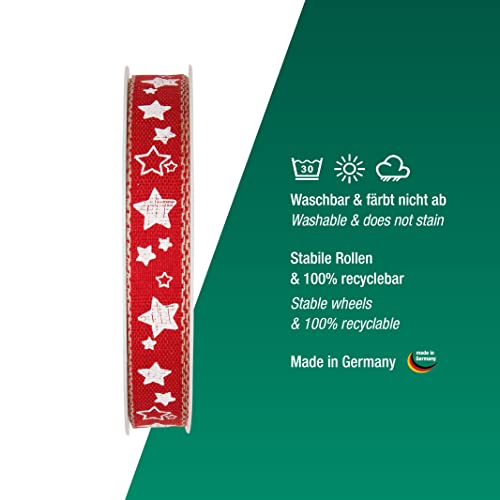 Halbach Seidenbänder Christmas Ribbon 15 mm x 15 m Gift Wrapping Ribbon with Stars Printed and Linen Edges Colour: Red/White - Image 4