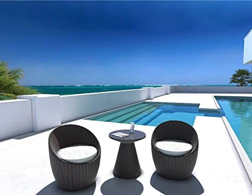 UrbanMod Haiken Outdoor Balcony Set 2 Chairs 1 Table Rattan Frame Fabric Cushions Fiberglass Table Top - Heavy Duty Steel Frame - NO Assembly Required