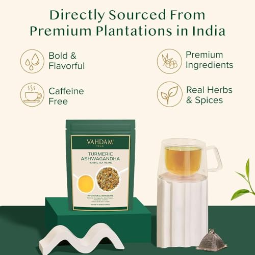 VAHDAM, Turmeric Ashwagandha Herbal Tea Loose Leaf 100g (50+ Cups) Caffeine Free | With Black Pepper, Lemongrass & Licorice | Whole Loose Leaf Tea | Vacuum Sealed Pack