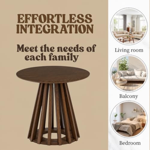 Image of HNY Round Fluted End Table, 19.7 inch Modern Black Side Table, Mid Century Wood Circle Bedside Tables Drink Table Nightstand for Bedroom, Living Room, Small Space, Walnut