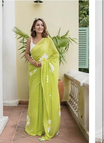 Image of Lilan Cotton Saree with White Daisy Floral Prints Tassel Pallu Lightweight Summer Saree