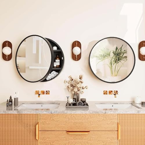 Image of iSTAR Round Wall Mirror with Storage Shelf | Bathroom Vanity Mirror with Hidden Storage Cabinet | Wall Mounted Decorative Mirror for Bathroom, Bedroom, Living Room (Black)