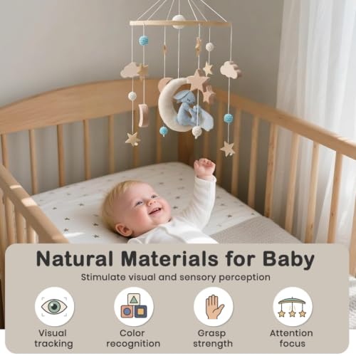 Image of SNOWIE Soft Crib Mobile Felt Bunny Clouds Stars Leaves Bells Without Arm