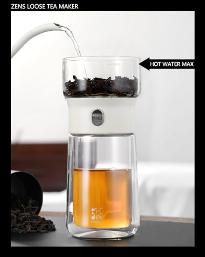 Image of ZENS Modern Tea Pot, Glass Teapot with Infusers for Loose Tea Diffusers with One Touch Pouring, Cool Portable Tea Maker with Insulated Tea Mug and Travel Tea Kits for Tea Lover Gifts
