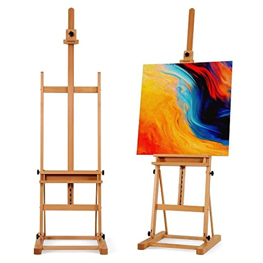 VISWIN Medium H-Frame Easel 67" to 95"H, Hold Canvas Up to 49", Compact Artist Easel with Storage Tray, Solid Beech Wood Floor Easel Stand, for Beginners, Amateurs & Art Students - Natural