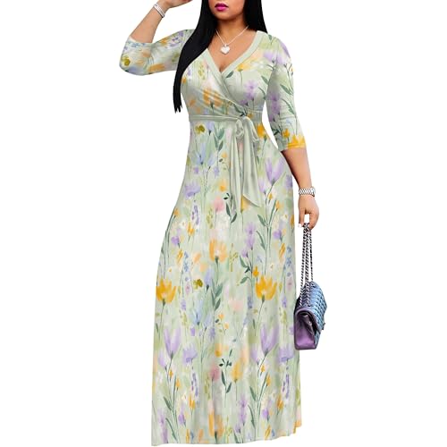Image of PinkPatty Plus Size Maxi Dress for Women Casual V Neck 3 /4 Sleeve Boho Printed Long Dress with Pockets