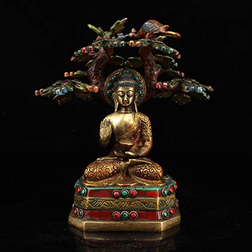 SIYAO 9" Tibet Buddhism Old Bronze Gem Painted Outline in Gold Shakyamuni Buddha Meditate Under The Bodhi Tree Sitting Buddha Enshrine The Buddha