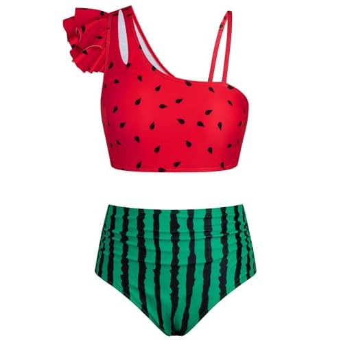 Seanrui Girls Swimsuit, 2 Piece Bikini Set Ruffle Bathing Suit with Adjustable Strap Girls' Swimwear 7-16Y Watermelon 9-10 Years
