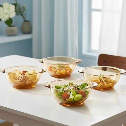 Image of The Better Home Set of 4 Borosilicate Glass Bowls | 450 ml Each | Microwave Safe | Scratch Resistant | Serving & Mixing Bowls for Kitchen | Round | Transparent | Amber
