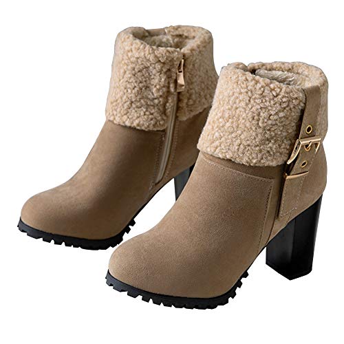 MEILI Snow Boots for Women, Slip On Warm Short Fur Suede Winter Boots,Chunky Mid Heel Winter Snow Mid Calf Boots