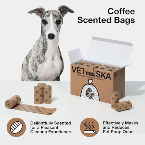 Image of VETRESKA Dog Poop Bags, 540 Count Coffee Scented Waste Bags | Leak Proof, Extra Thick, 9 inch x 13 inch Large Dog Pet Bags for Dogs and Cats - (36 Rolls)