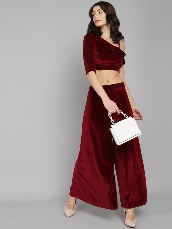 Image of Vaararo Velvet Co-Ords for Women | One Sleeve Crop Top with Palazzo Set Casual Party Dress
