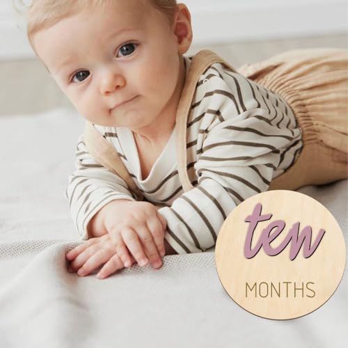 Image of Baby Monthly Milestone Markers Disc, Wooden 3D Milestone Cards for Photos, Baby Announcement Sign, 1-12 Months, wooden baby milestone sign (Blush)