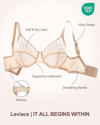 leviace Minimizer Bras for Women Full Coverage Underwire - Back Smoothing Full Bust Support Bra 3-Hook Adjustable Side Panels - Note: Size Runs Small, Order 1 Size Up, Warm Beige, 34DD — view 6