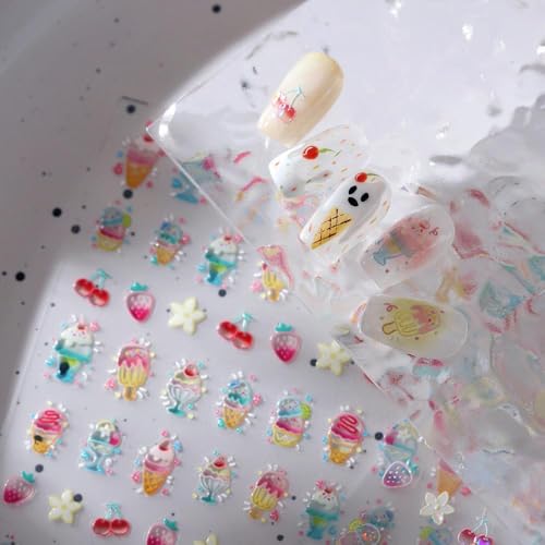 Image of Summer Nail Art Stickers Cherry Ice Cream Nail Decals for Nail Art Self Adhesive 5D Embossed Nails Sticker Charm Supply for Women Girls Kid Manicure DIY Accessories