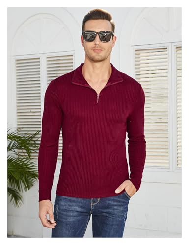 Men's Lightweight Quarter Zip Mock Neck Sweater in Wine Red XL