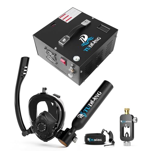 Tanque de Buceo TUDIVING de 0.5L, Tanque de pulmón con compresor, Mini Cilindro de oxígeno con máscara Facial Completa para Trabajo subacuático(Green S200Plus A3+Air Compressor)