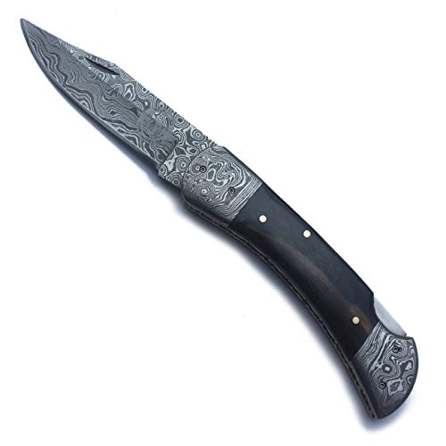WolfKlinge Handmade Damascus Steel Folding Pocket Knife for Hunting, Survival, Camping, Skinning , Blade Full Tang Sheep Horn Handle, with Cowhide Leather Sheath - DCX18-108