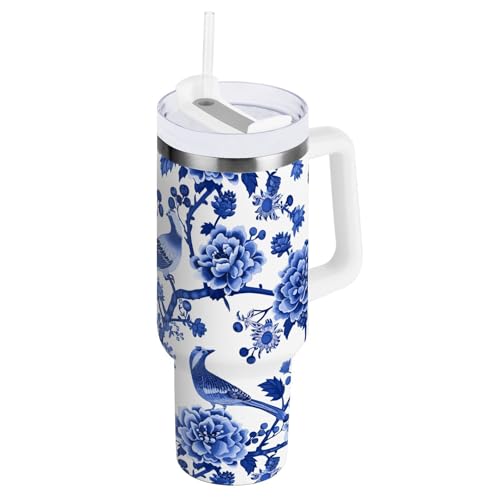 susiyo 40oz Stainless Steel Vacuum Insulated Tumbler with Spill-Proof Lid and Straw, Traditional Flowers Chinoiserie Double Wall Thermal Tumbler Cup Leak Resistant Water Bottle Travel Mug for Sports S