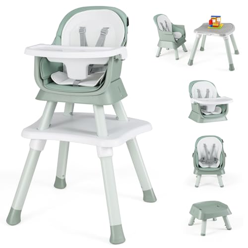 Image of HONEY JOY 8 in 1 Baby High Chair, Convertible Highchair for Babies and Toddlers/Table and Chair Set/Building Block Table/Booster Seat/Stool/Toddler Chair with Safety Harness (Green)