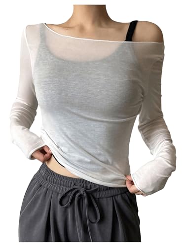 RoseSeek Women's Mesh Sheer Tops Off The Shoulder...