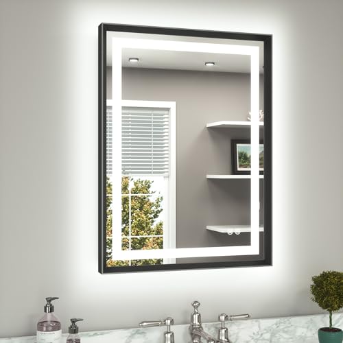TETOTE 24 x 32 Bathroom LED Mirror Brushed Black Metal Frame Frontlit & Backlit Vanity Mirror Anti-Fog Stepless Dimmable 3 Colors White/Warm/Natural Mirror with Lights Wall-Mounted