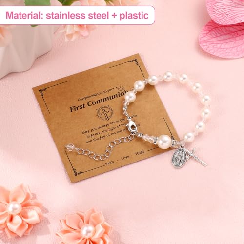 Image of Mikovivi First Communion Bracelets for Girls, Catholic Rosary Cross Pearl Bracelet Christian 1st Holy Communion Gifts for Daughter Niece Granddaughter Easter Baptism Gift