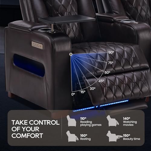 Image of Luxury Home Theater Seating - Power Recliner with Adjustable Headrests, Blue LED Ambient Lighting, Tray Table, USB & Type-C Charging (Dark Brown,4 Seat)