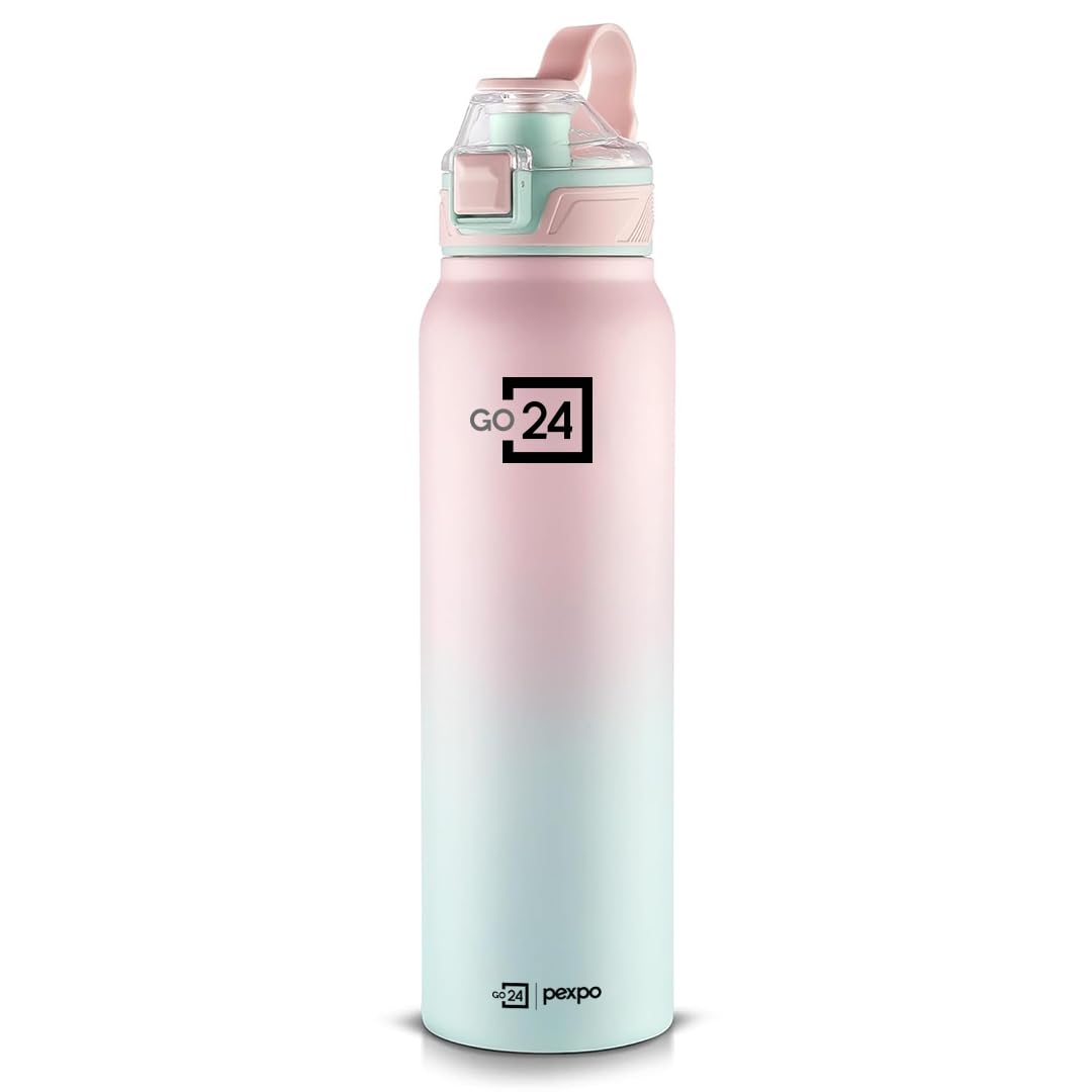 Go24 Amaze 1000 ISI Certified Stainless Steel Vacuum Insulated Flask - 940ml | Double Wall | Flip Top Cap | Hot & Cold Water Bottle for Adults | Ideal for Home, Office, Gym, Outdoor - Pink&Green