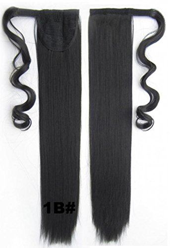 Beauty Wig World 22inch 55cm 90g Long Straight Wrap Around Ponytail Extension for Woman Synthetic Hair Clip in/on Hairpieces - #1b Natural Black