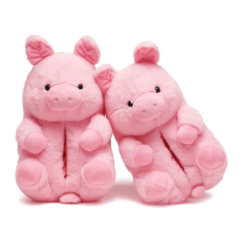 ROVANCHY Fuzzy Womens Cute Pig Slippers - Cozy Warm Winter Indoor House Shoes with Non-Slip Sole Cartoon Novelty Perfect Birthday Christmas Holiday Gift (Pink Sizes 9-12)
