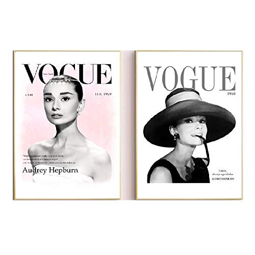 LTXMZ Vogue Arte HD Negro Blanco Cuadro Moda Audrey Hepburn Retrato Pintura NóRdico Poster Moderno Pared Salon Decoracion Marco De 40x60cmx2 No