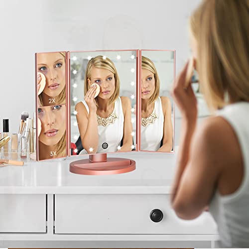 Fascinate Lighted Makeup Mirror, Trifold Vanity Mirror With 21 Led Lights And 2X/3X Magnification, Touch Screen Dimming, Dual Power, 90° Rotation Light Up Mirror (Rose Gold+Brush) #TOP6