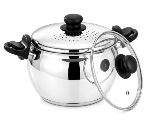 Image of Klassi Kichen Stainless Steel Strainer Pot with Glass Lid, 3.5 Litre Built-in Strainer Lid, Induction & Gas Stove Compatible, Mirror Finish Food Grade Cooking Pot for Pasta, Oval