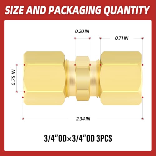 Qcdeng LS-691 3Pcs 3/4 Inch Tube Od X 3/4 Inch Tube Od Connector, Brass Compression Pipe Straight Union Connector thumb #5