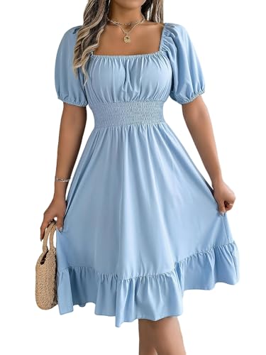 Sommerkleid Damen Frauen Lässig A-Line Square Neck Puff Ärmel Hem-Hellblau-L
