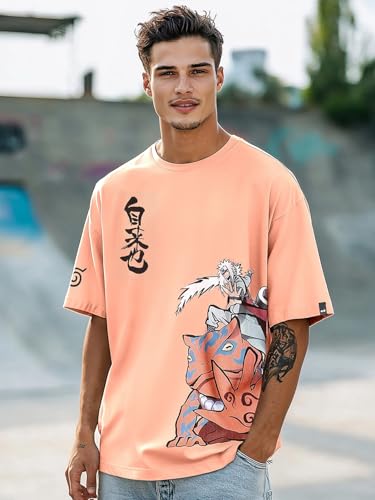 Image of Bewakoof Official Naruto Merchandise Men's 100% Cotton 220 GSM Graphic Print Oversized Fit Round Neck T-Shirt