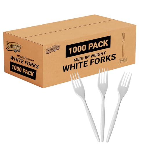 Settings White Plastic Forks 1000 Count - Heavy-Duty Disposable Forks BPA-Free Bulk Plastic Cutlery for Parties Weddings Catering & Everyday Use