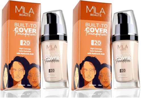 Image of Mila Beaute Built to Cover Liquid Foundation I Medium to Buildable Coverage I Matte Finish I Lightweight I SPF 20 I Super Hydrating with Hyaluronic Acid (L-1-Ivory, 30ml) (Pack of 2)